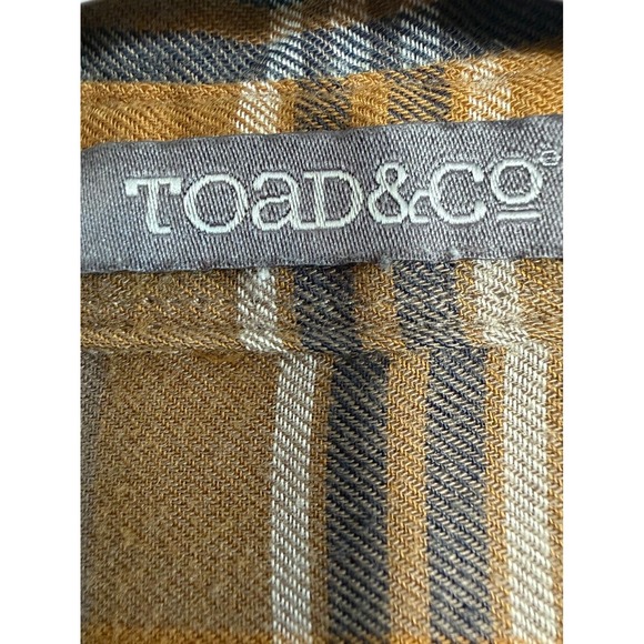TOAD&CO Mens Flannel Plaid Button Up Shirt Cotton XL Brown Navy Western FLAW - Picture 2 of 14